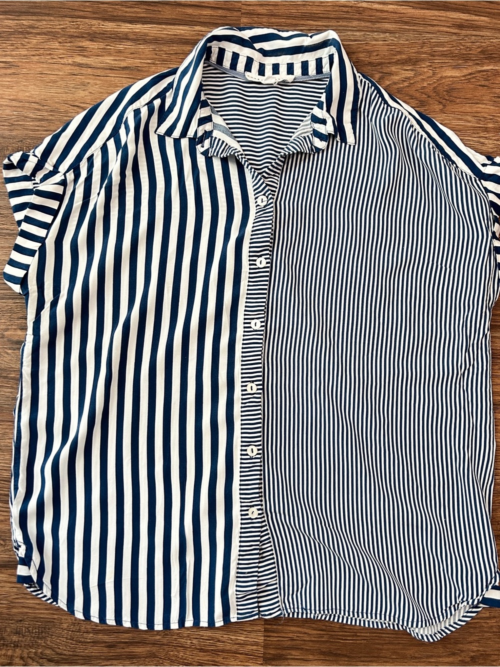 Women's Blue and White Striped Button-Front Blouse